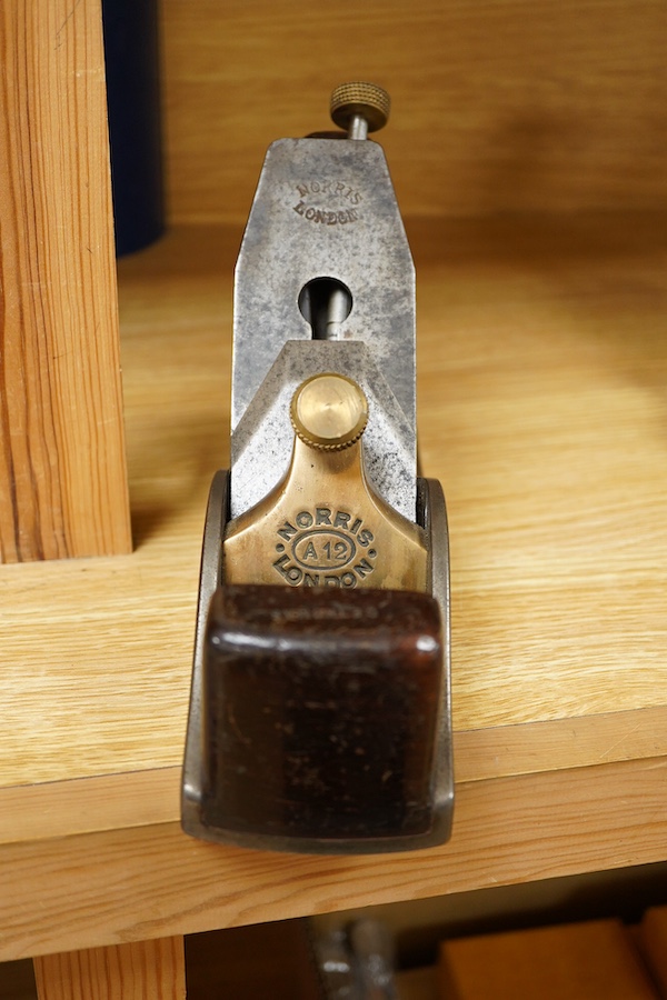 A Norris A12 adjustable smoothing plane, stamped with Norris, London to both the gunmetal lever cap and the iron, with owner’s name stamped to the top face of the front infill